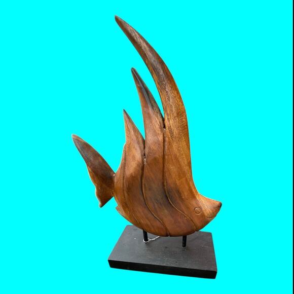 Carved Wooden Fish 13 Inches Mounted On Black Wooden Base - Picture 2 of 11